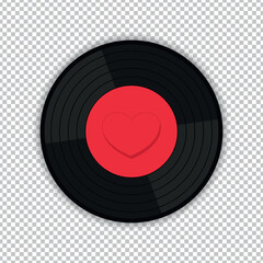 Vinyl record disk with decorated with a heart. Retro vintage emblem of music lover in flat design on transparent background. Vector illustration