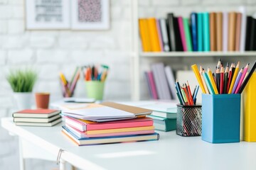 Cropped shot of trendy workspace with books, designer supplies and copy space on white table , ai