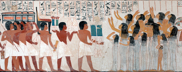 The funeral procession at the Tomb of Ramose, valley of the Nobles. Luxor.  Egypt.