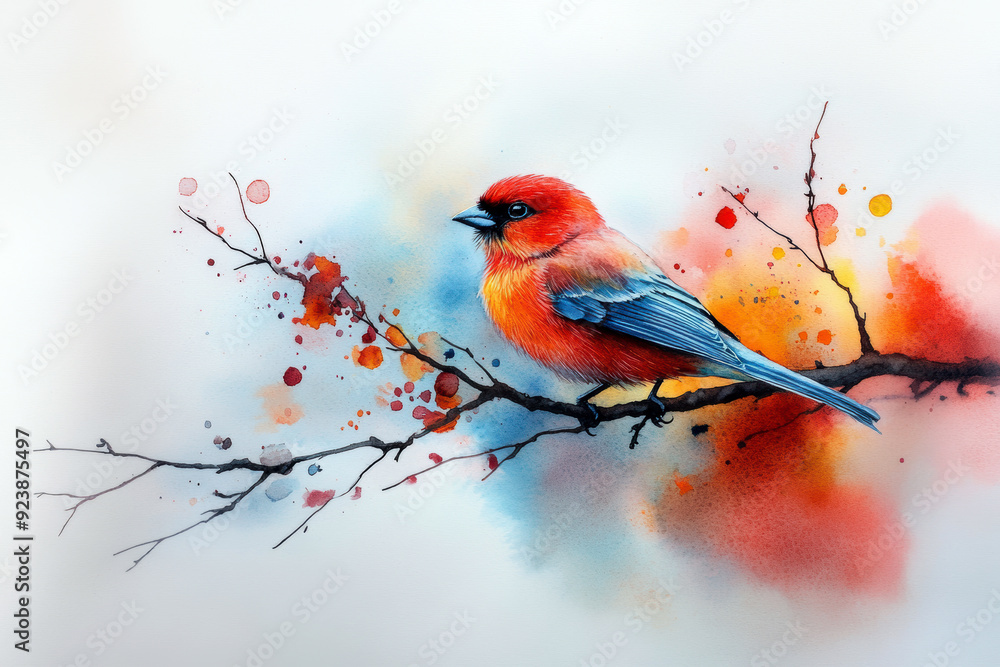 Poster A bird is perched on a branch with a splash of color. The bird is red and blue, and it is sitting on a branch that is surrounded by splatters of paint. The painting has a vibrant and lively feel to it
