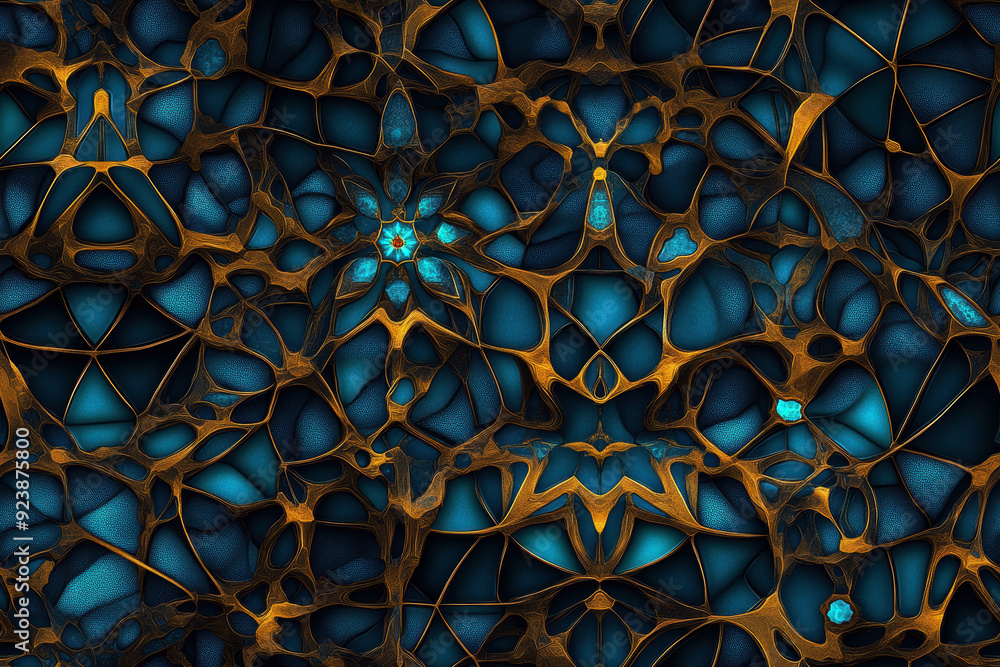 Poster a blue and gold patterned background with a lot of detail. the pattern is made up of many small squa