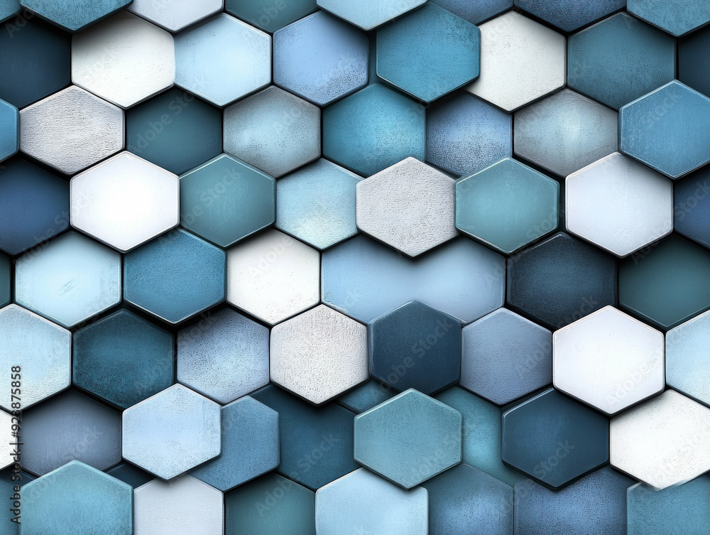 Poster a blue and white patterned wall with a blue and white hexagon tile. the blue and white tiles are arr
