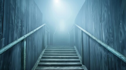 Fototapeta premium A long, narrow, dark stairwell with a light shining through a window