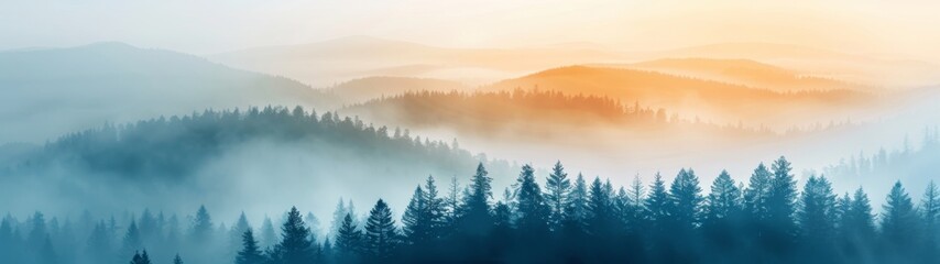 Obraz premium Vibrant Sunset Over Coniferous Mountains, a digital illustration showcasing colorful brushstroke techniques, highlighting nature's beauty in a serene mountain landscape.