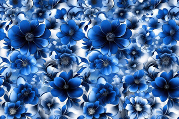 A blue floral print with white flowers. The blue flowers are in various sizes and are scattered throughout the print