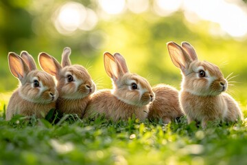 Obraz premium Four adorable baby rabbits sitting closely together on green grass, their soft fur glowing in the natural sunlight, creating a heartwarming and serene scene.