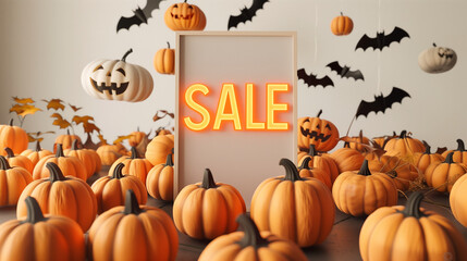 Minimalist Halloween sale poster on ivory background with neon orange "SALE'" text, surrounded by orange pumpkins and black bat decor, perfect for autumn-themed aesthetic and fall mockups, 16:9