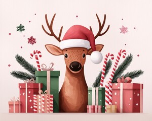Festive cartoon reindeer wearing a Santa hat, surrounded by colorful presents and holiday decorations.