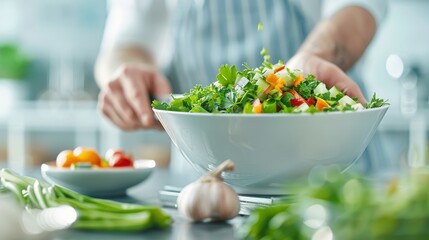 Naklejka premium A person is cutting vegetables for a salad