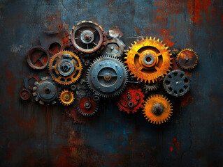 A collection of gears with some yellow ones. The image has a vintage feel to it. The gears are arranged in a way that they seem to be in motion, giving the impression of a machine or a clock