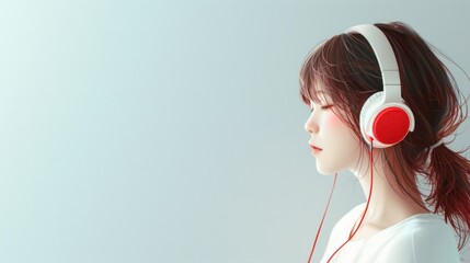Anime girl immersed in lofi hip hop vibes, wearing headphones, illustrated in a minimalist style, featuring a clean backdrop with ample free space for visual impact