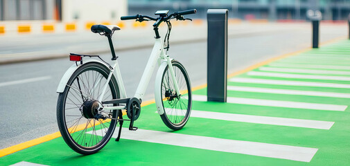 An electric bike charging at a solarpowered station, promoting sustainable urban mobility, sustainability, green transportation solutions