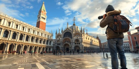 Fototapeta premium Tourist Taking a Photo of St. Marks Square in Venice