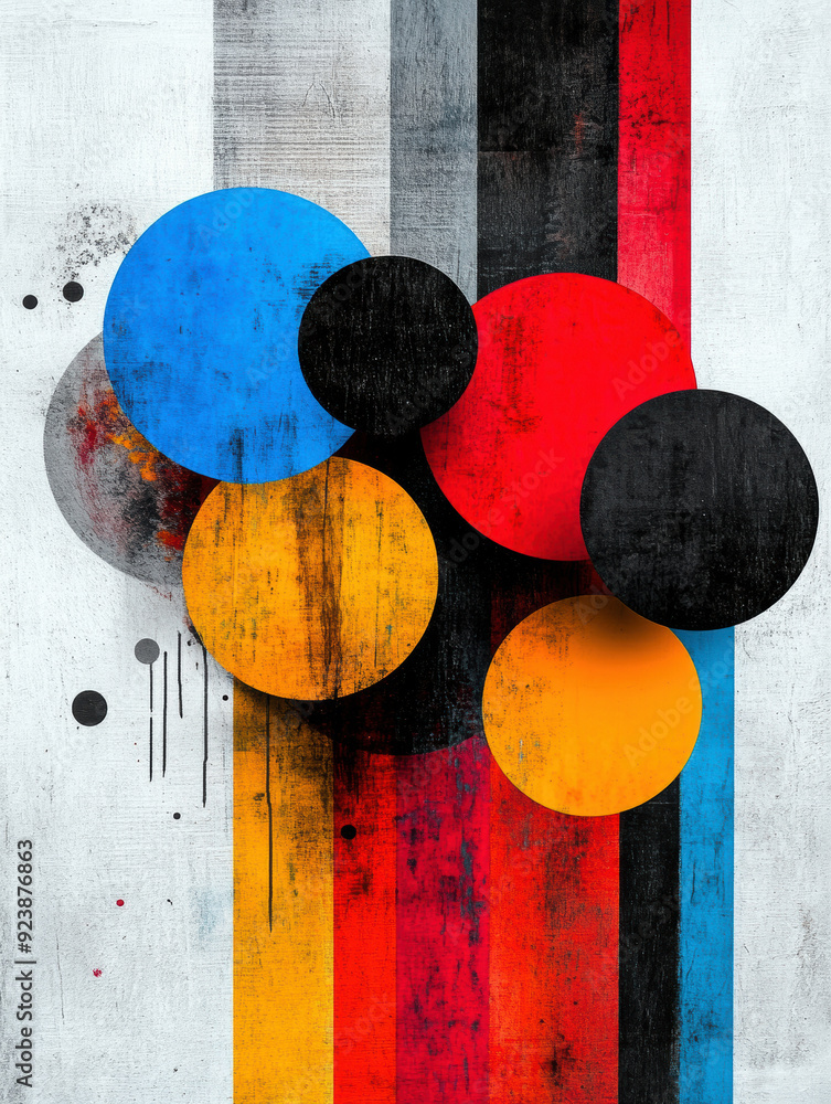 Poster a colorful abstract painting with circles of different colors and sizes. the painting has a bold and