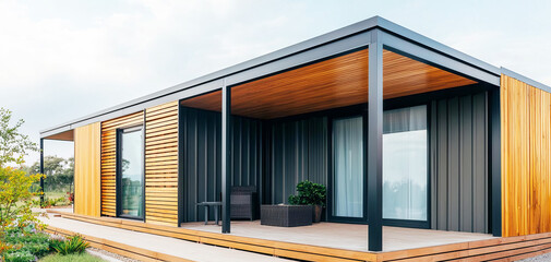 A modular ecohome built from recycled materials, showcasing sustainable living, save the world, green housing innovation