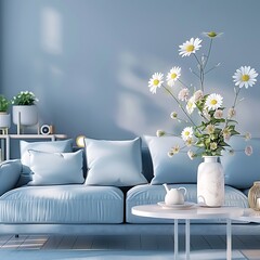 White minimalist living room interior with sofa on a wooden floor, frames on a large wall, white landscape in window. Home nordic interior. 3D illustration
