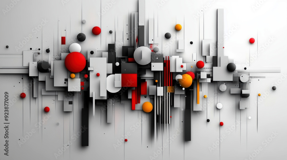 Poster a colorful abstract painting with many different shapes and sizes of circles and squares. the painti