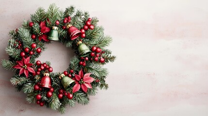 A festive Christmas wreath adorned with red flowers, berries, and jingle bells, perfect for holiday celebrations.