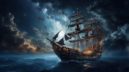 Fototapeta premium A large sailing ship with its sails billowing in the wind navigates rough seas at night