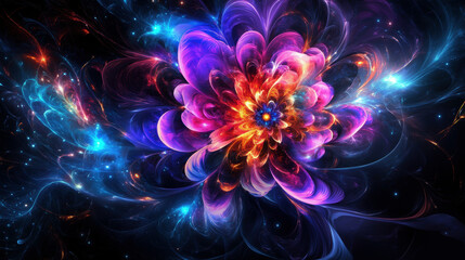 A colorful flower with a blue center and purple petals. The flower is surrounded by a dark background with a bright blue sky. The image has a dreamy and ethereal quality to it