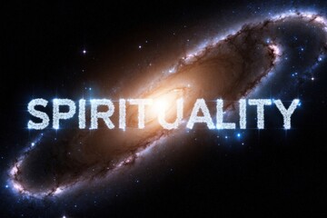 Bright galaxy with the word spirituality illuminated in cosmic space at night