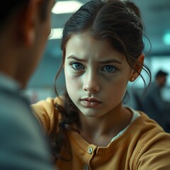 Portrait of a girl, man explaining something to a girl