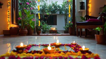 Interior of a house decorated for Diwali with traditional diyas, colorful rangoli, and floral decorations, cozy evening