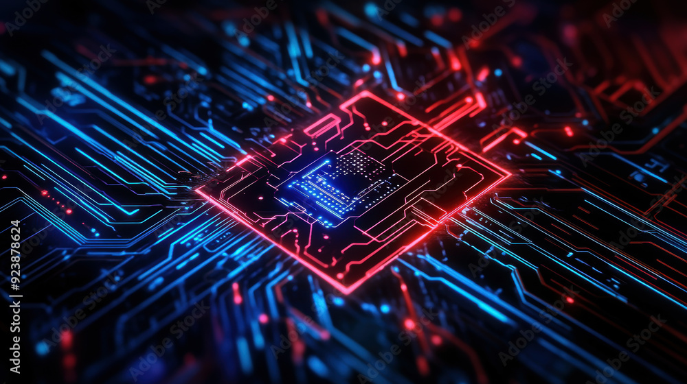 Poster a computer chip with red and blue lines