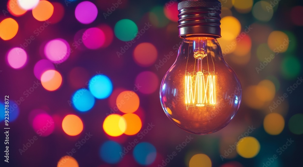 Poster this image shows a closeup of a glowing edison bulb against a colorful bokeh background, creating a 