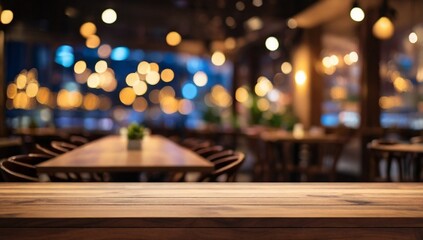 Empty wooden table top with lights bokeh on blur restaurant background.
