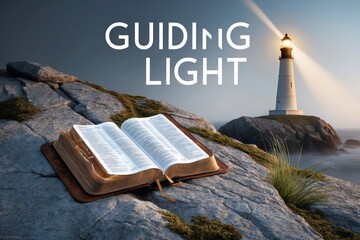 Open Bible on a rocky shore with a lighthouse in the background at sunset