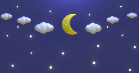 Fototapeta premium Good night and sweet dream 3D with yellow crescent and clouds with stars.