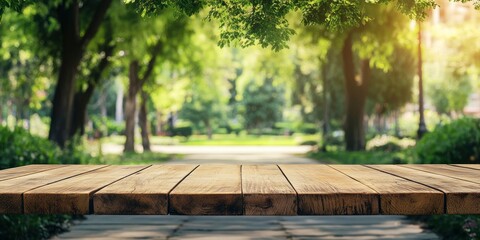 Empty wood table top and blurred green tree in the park garden background - can used for display or montage your products, ai