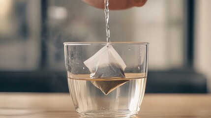 n puts the tea bag in the glass cup with hot water