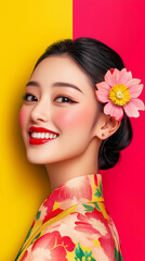 Fototapeta premium A photo portrait illustration art style retro Asian woman with a smile, on the vibrant color background