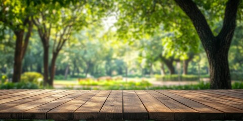 Empty wood table top and blurred green tree in the park garden background - can used for display or montage your products , ai