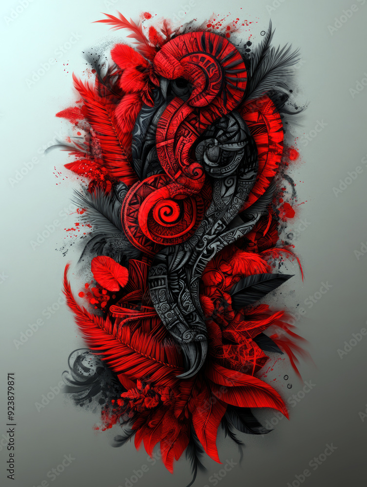Poster a red and black drawing of a bird with a feathery tail. the drawing is abstract and has a lot of det