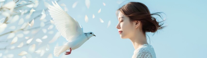Fototapeta premium Soaring Dreams, a young woman gracefully rides a majestic white bird through an endless sky, embodying freedom and imagination in a serene, minimalist landscape.