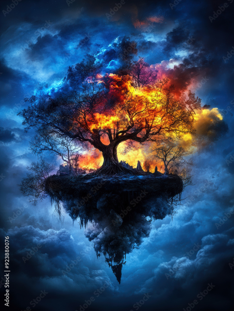Poster a tree is floating in the sky with a fire burning on it. the sky is filled with clouds and the tree 