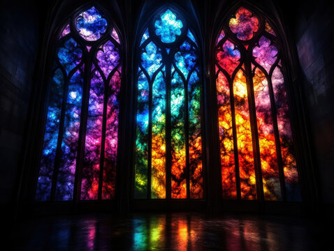 A stained glass window with three different colored sections. The colors are blue, green, and red