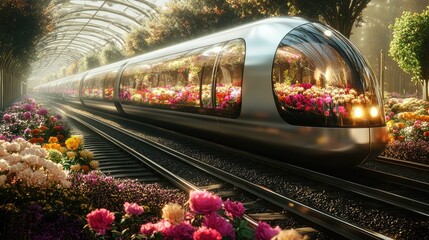 Fototapeta premium A streamlined electric train, flowers blooming inside its sleek, automated compartments, no people.
