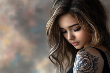Naklejka premium A woman with long brown hair and a tattoo of a rose on her arm. She is looking at the camera with a serious expression