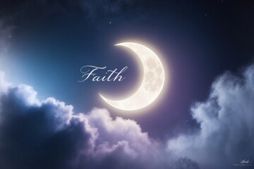 A serene crescent moon surrounded by clouds at night, with the word faith illuminated softly in the background