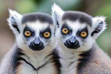 Fototapeta premium Two lemurs with expressive eyes, sitting together in their natural habitat, surrounded by tall grasses.
