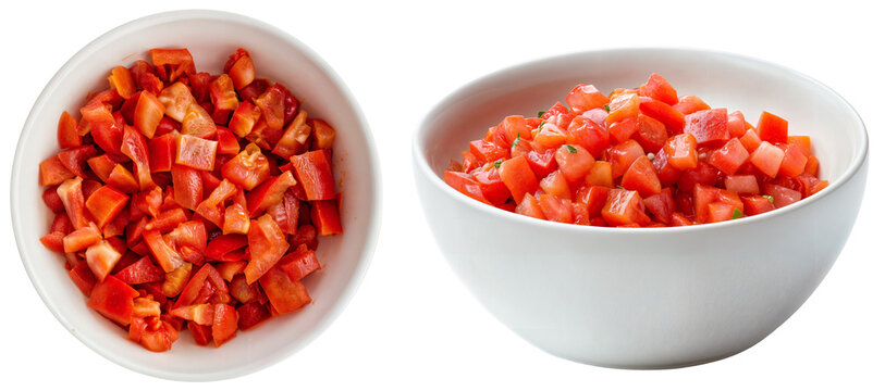 diced tomatoes in white bowls, ideal for fresh cooking ingredients or salad preparation