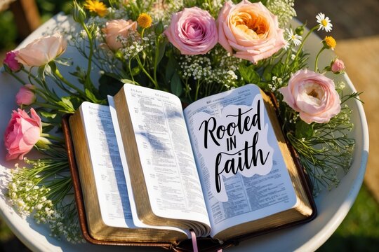 Open Bible surrounded by fresh flowers with the phrase rooted in faith in a sunny garden setting