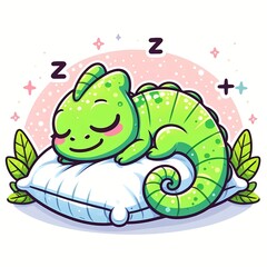 cute Chameleon sleeping on pillow cartoon vector icon illustration
