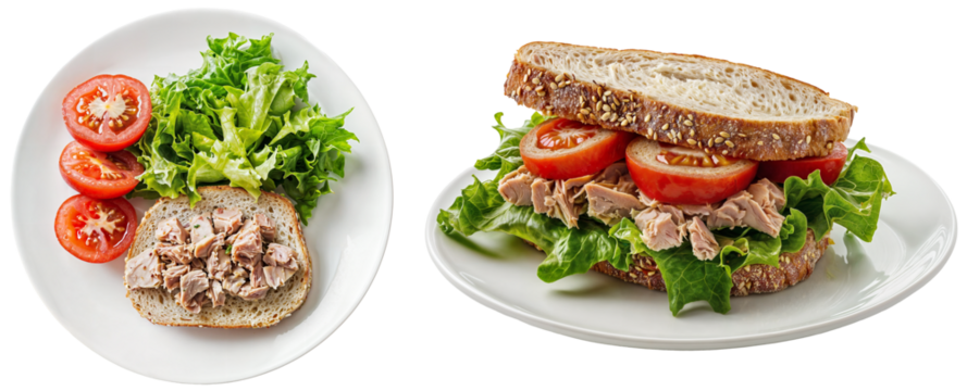 Tuna sandwich with fresh lettuce, tomato slices, and whole grain bread served on a white plate, ideal for a healthy lunch option, side and top view