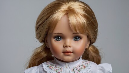 A beautifully crafted porcelain doll with striking features, dressed in a vintage outfit, exuding a sense of nostalgia and craftsmanship.