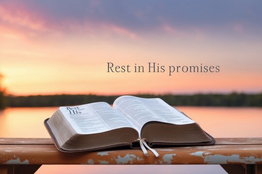 Open Bible resting on a wooden railing by a serene lake at sunset, encouraging reflection on faith and promises